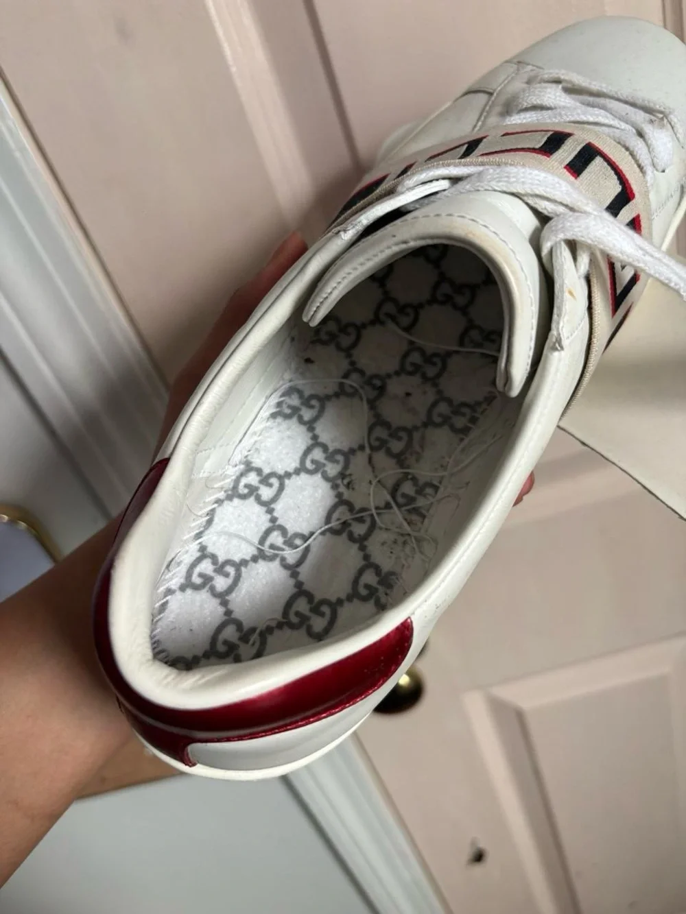 Gucci White Leather Sneakers with Red and Black Web Strap